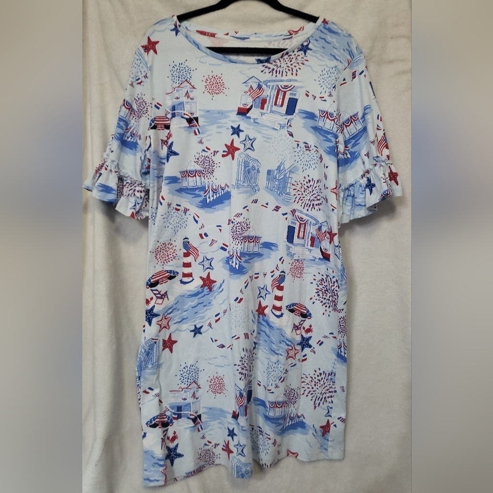 Kim Rogers Fireworks Dress Size 1X Ruffled Sleeves Patriotic NWT $54.00
